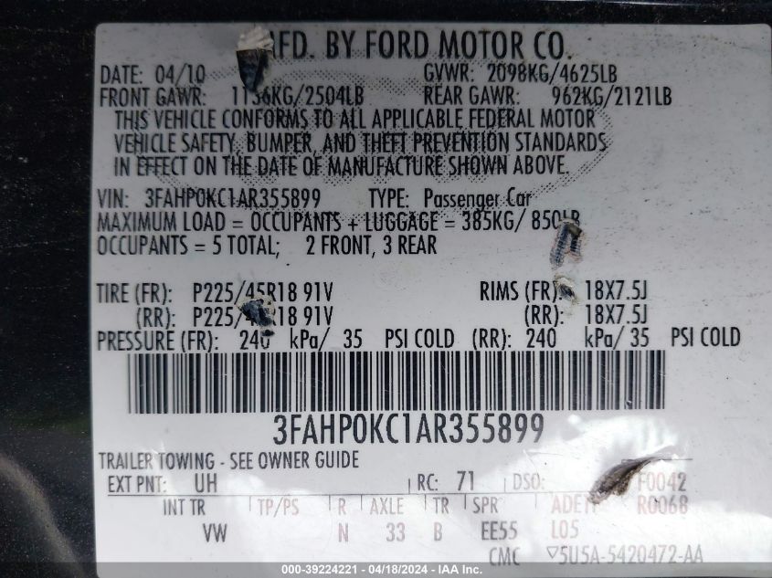 2010 Ford Fusion Sport VIN: 3FAHP0KC1AR355899 Lot: 39241631