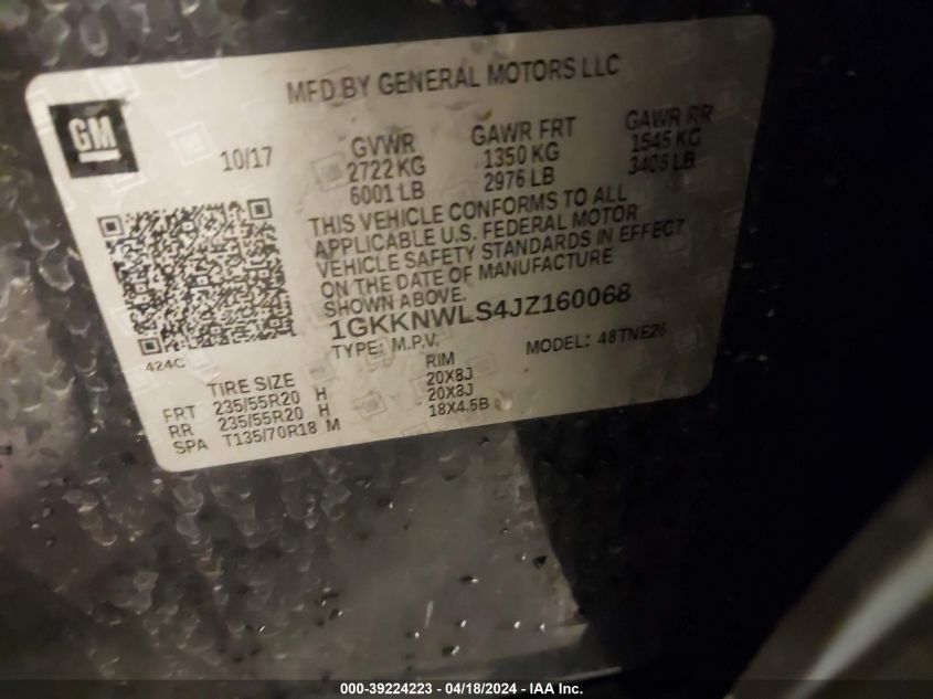 2018 GMC Acadia Slt-2 VIN: 1GKKNWLS4JZ160068 Lot: 39241847