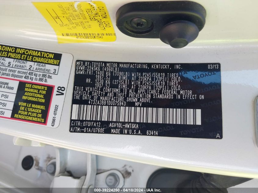 2013 Toyota Venza Le VIN: 4T3ZA3BB1DU075943 Lot: 75403223