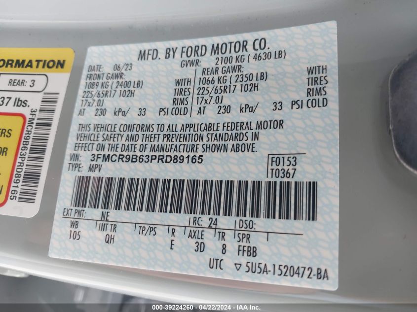 2023 Ford Bronco Sport Big Bend VIN: 3FMCR9B63PRD89165 Lot: 39224260