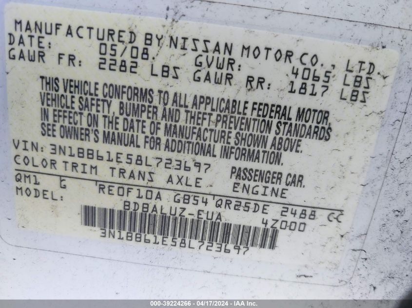 2008 Nissan Sentra Se-R VIN: 3N1BB61E58L723697 Lot: 39241650