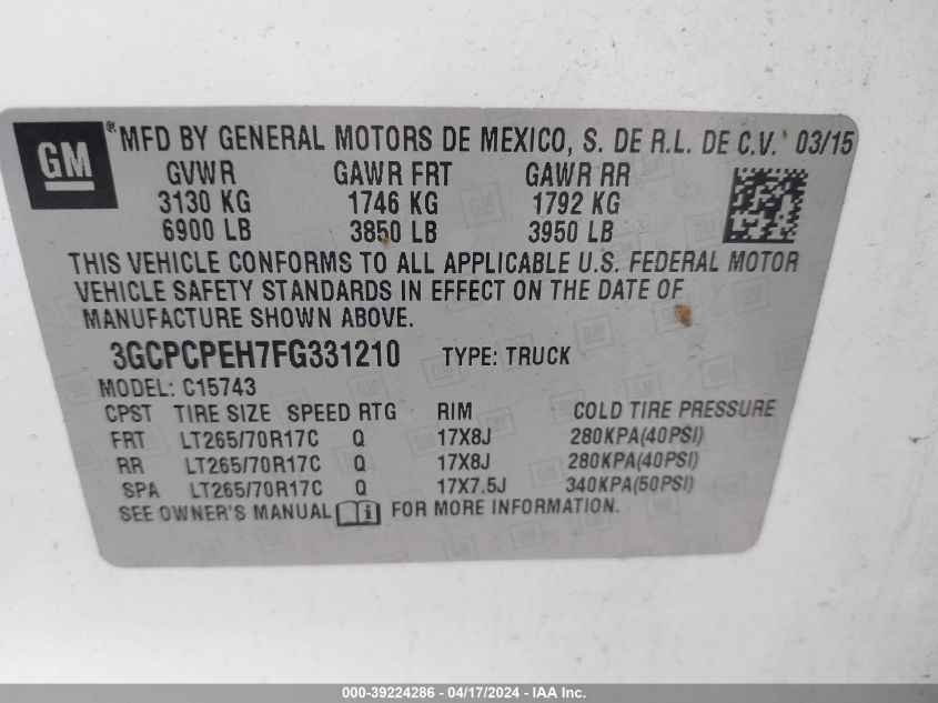 2015 Chevrolet Silverado 1500 Wt VIN: 3GCPCPEH7FG331210 Lot: 39224286