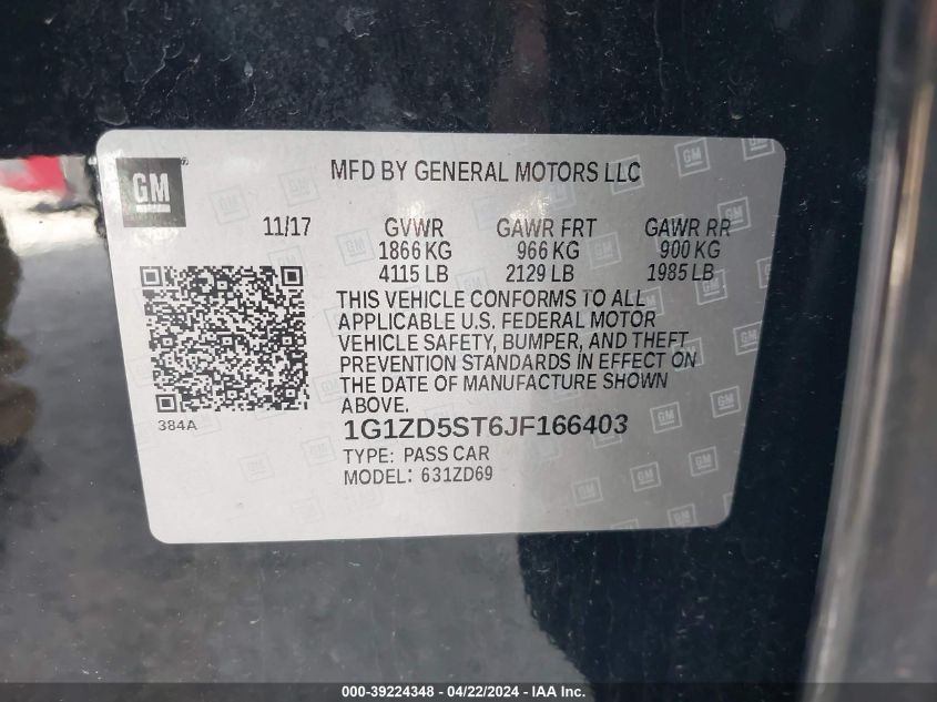 2018 Chevrolet Malibu Lt VIN: 1G1ZD5ST6JF166403 Lot: 39224348