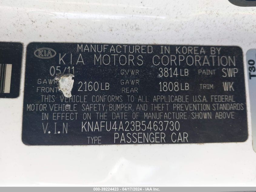 KNAFU4A23B5463730 | 2011 KIA FORTE