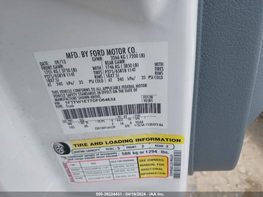 2013 Ford F-150 Lariat VIN: 1FTFW1ET7DFD64632 Lot: 39224431
