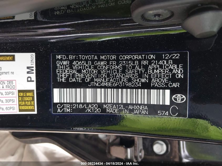 2023 Toyota Corolla Xse VIN: JTNC4MBE6P3198234 Lot: 39224434