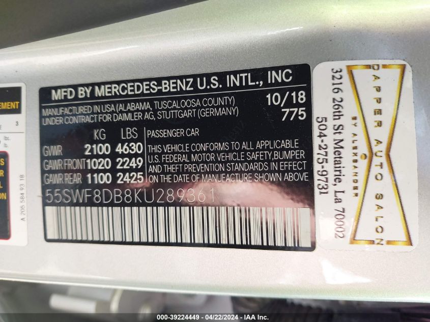 2019 Mercedes-Benz C 300 VIN: 55SWF8DB8KU289361 Lot: 39224449