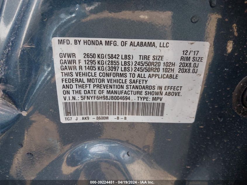 2018 Honda Pilot Touring VIN: 5FNYF6H98JB004694 Lot: 39224451