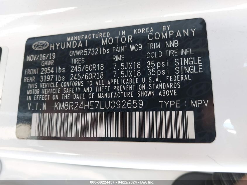 2020 Hyundai Palisade Sel VIN: KM8R24HE7LU092659 Lot: 39224457