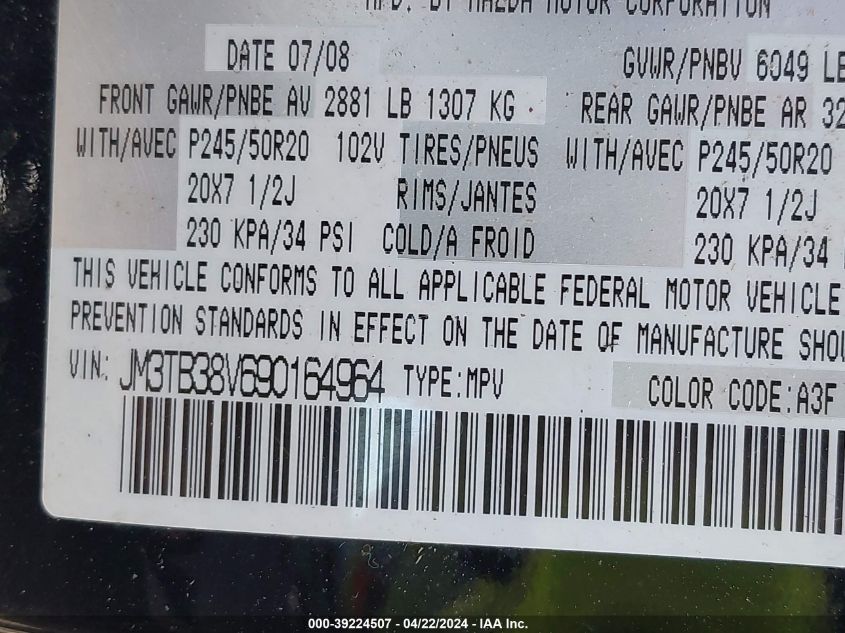 2009 Mazda Cx-9 Grand Touring VIN: JM3TB38V690164964 Lot: 39224507