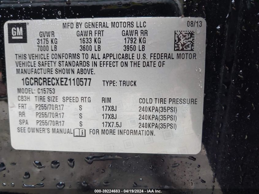 2014 Chevrolet Silverado 1500 1Lt VIN: 1GCRCRECXEZ110577 Lot: 39224683