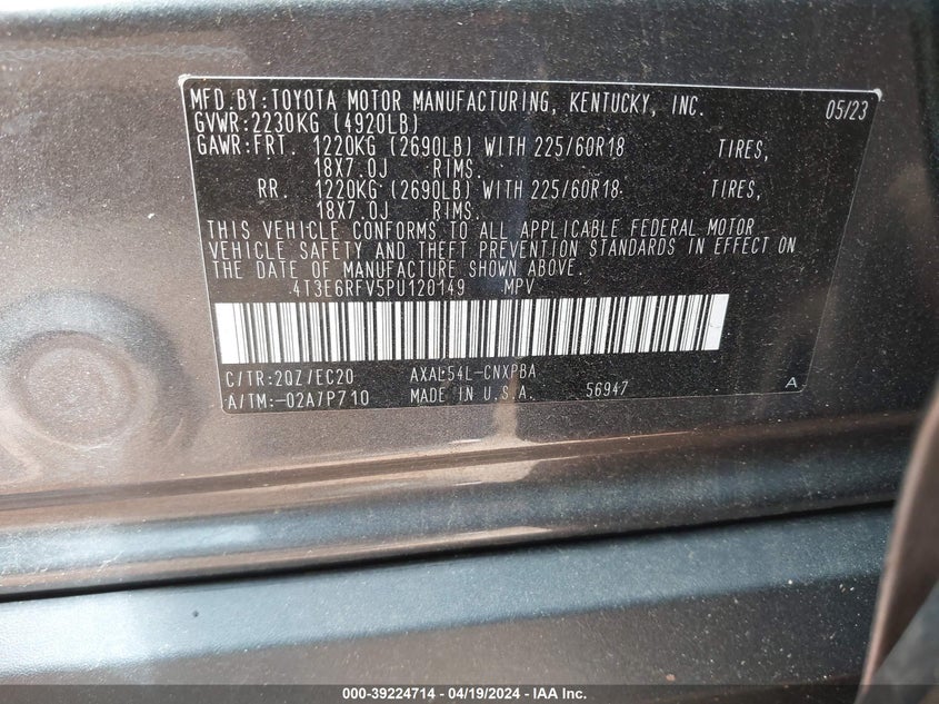 2023 TOYOTA RAV4 2.5L I4   N(VIN: 4T3E6RFV5PU120149