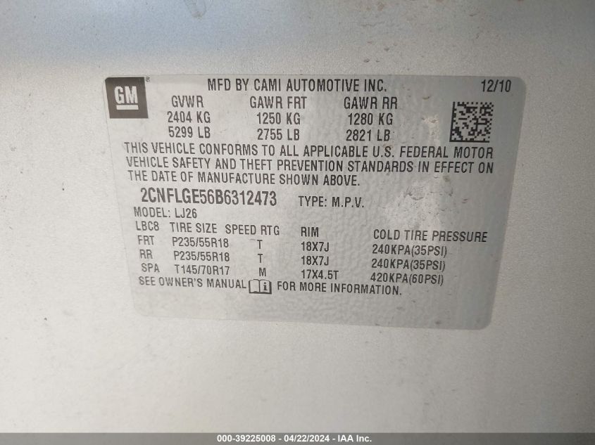 2011 Chevrolet Equinox Ltz VIN: 2CNFLGE56B6312473 Lot: 39225008