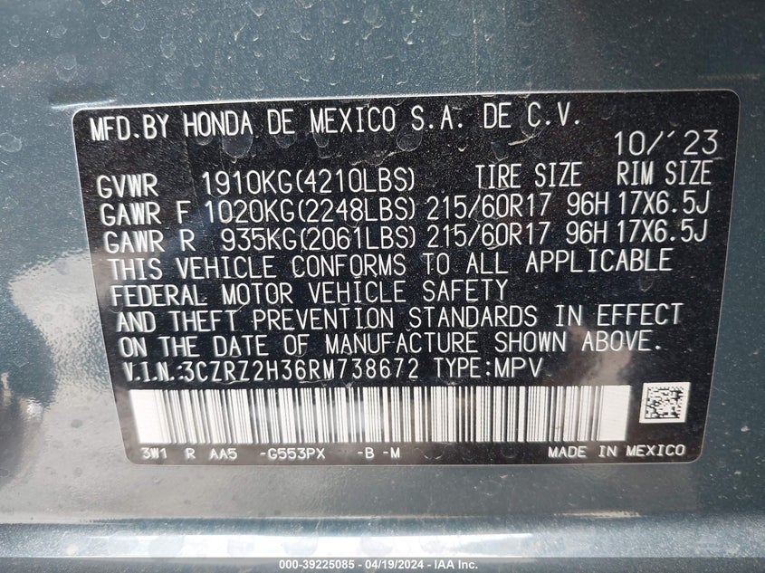2024 HONDA HR-V 2.0L I4   N(VIN: 3CZRZ2H36RM738672