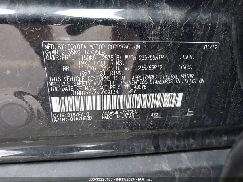 VIN JTMN1RFVXKJ009134 2019 TOYOTA RAV4 LIMITED