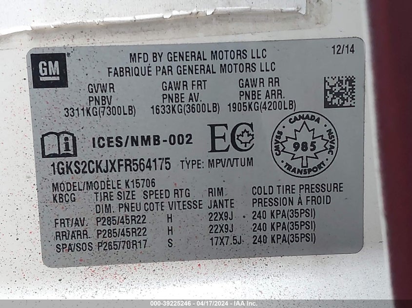 2015 GMC YUKON DENALI - 1GKS2CKJXFR564175