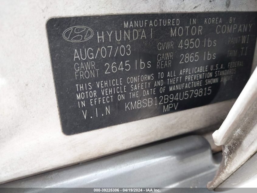 2004 Hyundai Santa Fe VIN: KM8SB12B94U578915 Lot: 39225306