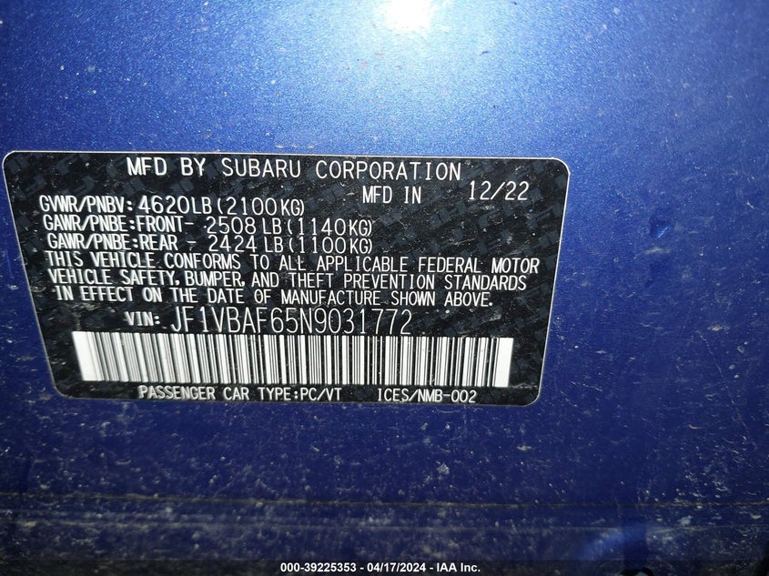 VIN JF1VBAF65N9031772 2022 SUBARU WRX PREMIUM