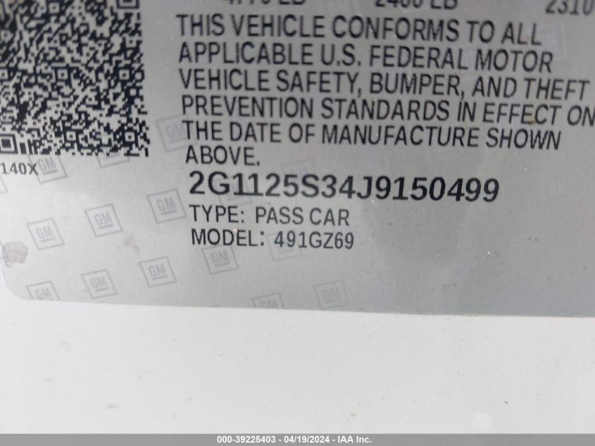 2018 Chevrolet Impala 2Lz VIN: 2G1125S34J9150499 Lot: 39225403