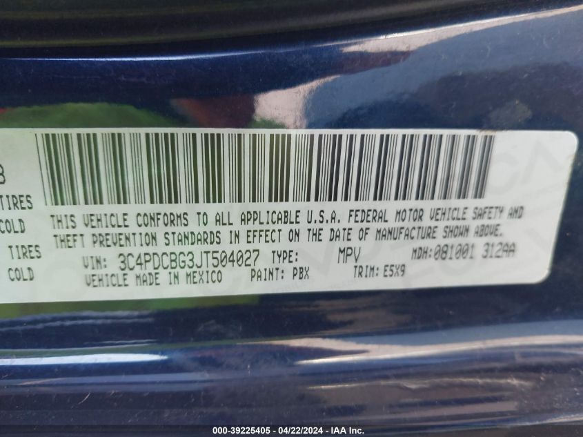 2018 Dodge Journey Sxt VIN: 3C4PDCBG3JT504027 Lot: 39225405