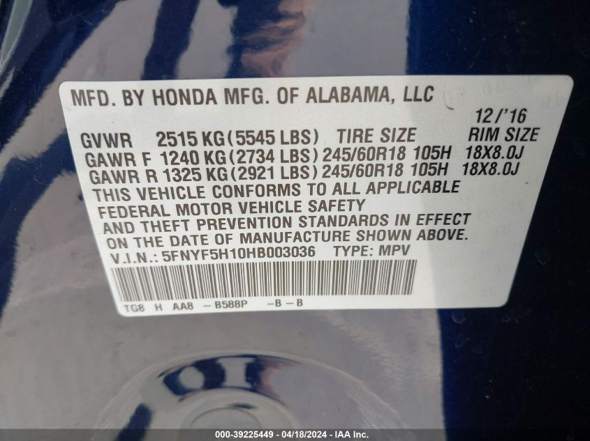 2017 Honda Pilot Lx VIN: 5FNYF5H10HB003036 Lot: 39225449