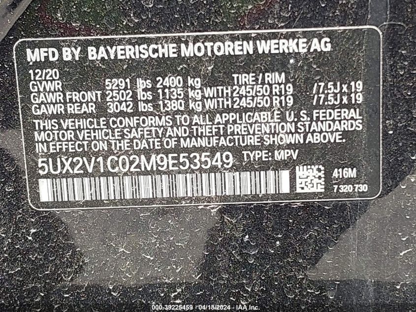 5UX2V1C02M9E53549 2021 BMW X4 xDrive30I