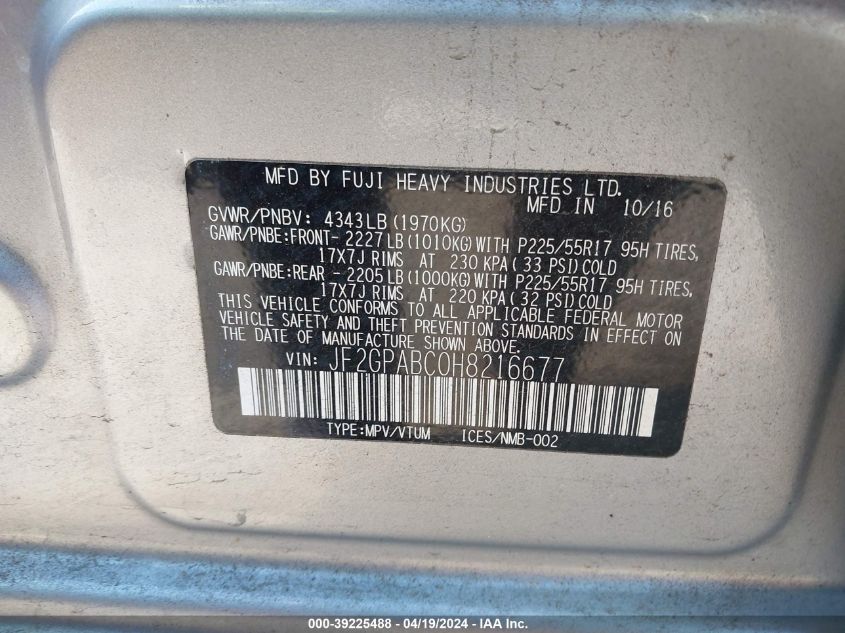 VIN JF2GPABC0H8216677 2017 SUBARU CROSSTREK PREMIUM