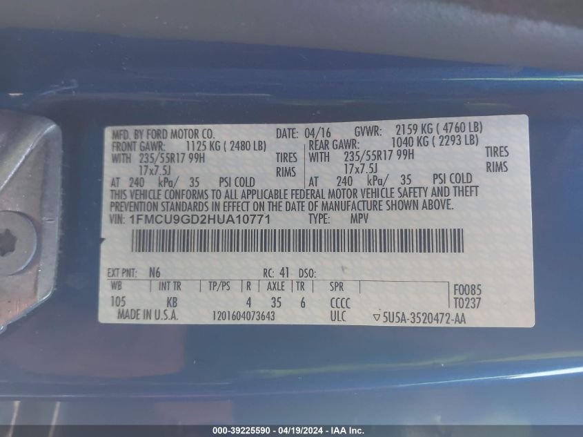 1FMCU9GD2HUA10771 2017 Ford Escape Se