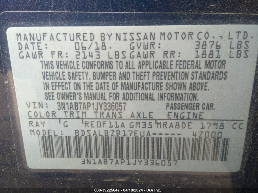 2018 Nissan Sentra S VIN: 3N1AB7AP1JY336057 Lot: 39225647