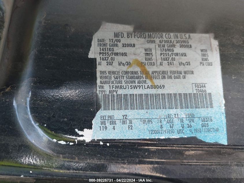 2001 Ford Expedition Xlt VIN: 1FMRU15W91LA88069 Lot: 45521454
