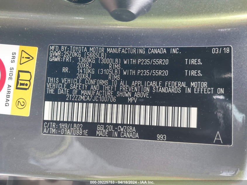 VIN 2T2ZZMCA7JC100706 2018 LEXUS RX 350