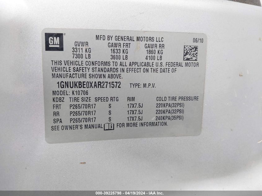 2010 Chevrolet Tahoe Lt VIN: 1GNUKBE0XAR271572 Lot: 39225798
