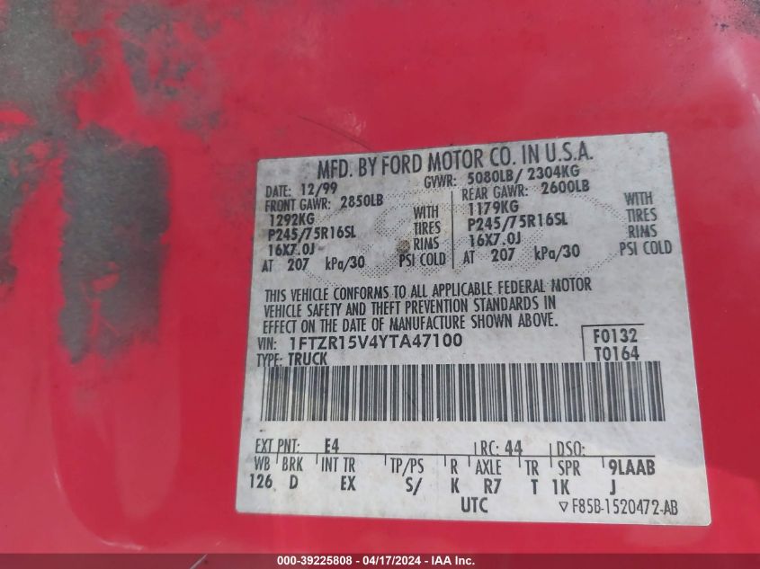 1FTZR15V4YTA47100 2000 Ford Ranger Xl/Xlt