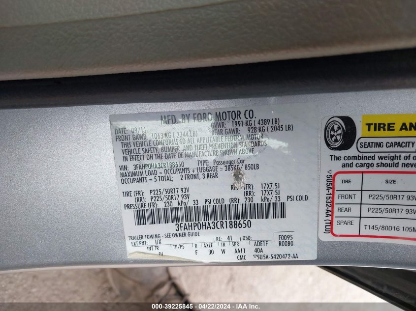 2012 Ford Fusion Se VIN: 3FAHP0HA3CR188650 Lot: 47013244