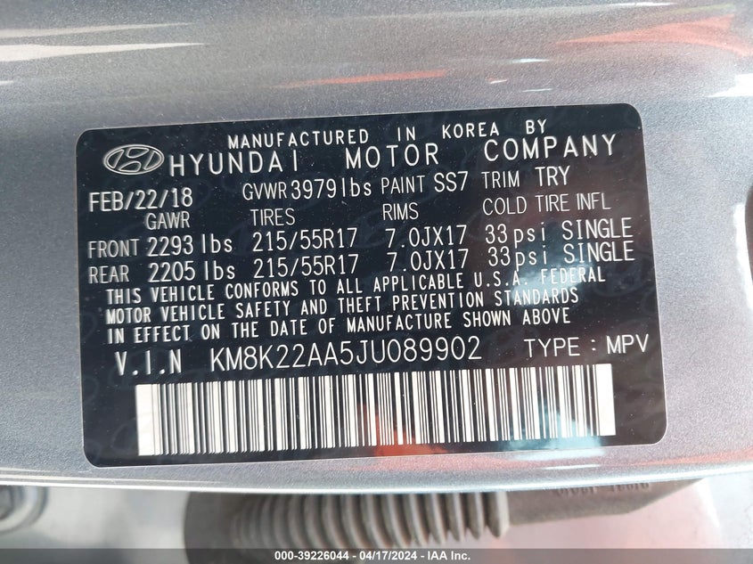 VIN KM8K22AA5JU089902 2018 HYUNDAI KONA SEL