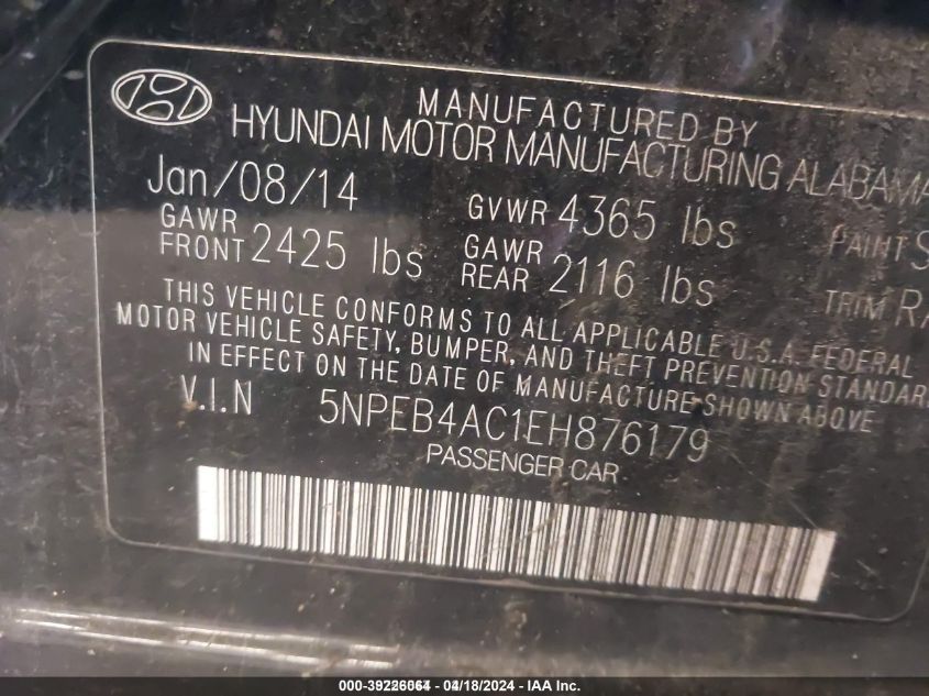 5NPEB4AC1EH876179 2014 Hyundai Sonata Gls