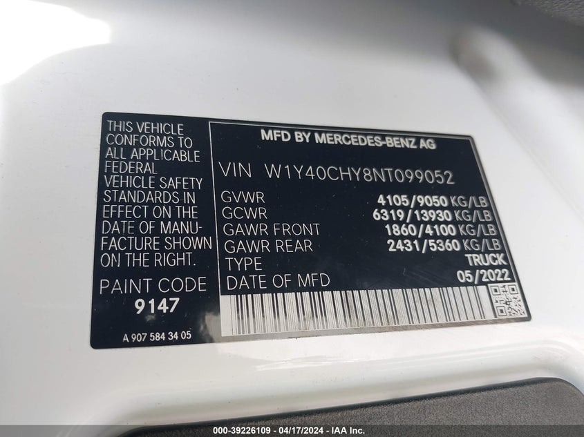 2022 MERCEDES-BENZ SPRINTER 2500 HIGH ROOF I4 VIN: W1Y40CHY8NT099052