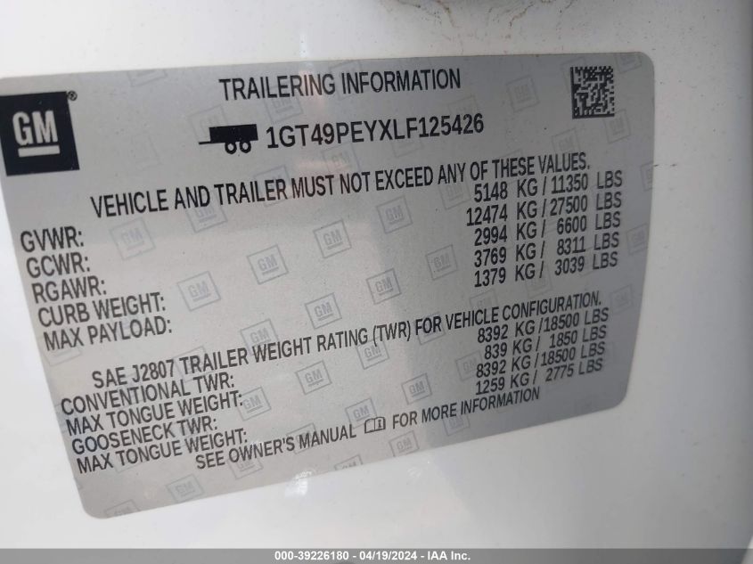 2020 GMC Sierra 2500Hd 4Wd Standard Bed At4 VIN: 1GT49PEYXLF125426 Lot: 39226180