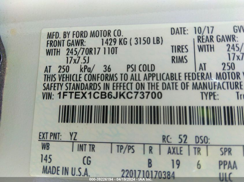 2018 Ford F-150 Xl VIN: 1FTEX1CB6JKC73700 Lot: 39226194