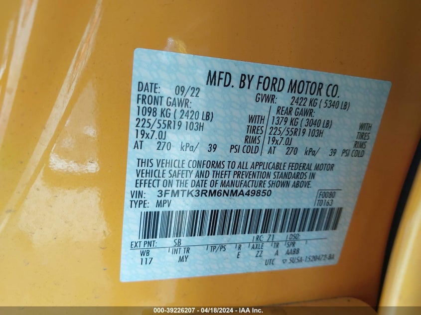 VIN 3FMTK3RM6NMA49850 2022 FORD MUSTANG MACH-E PREMIUM