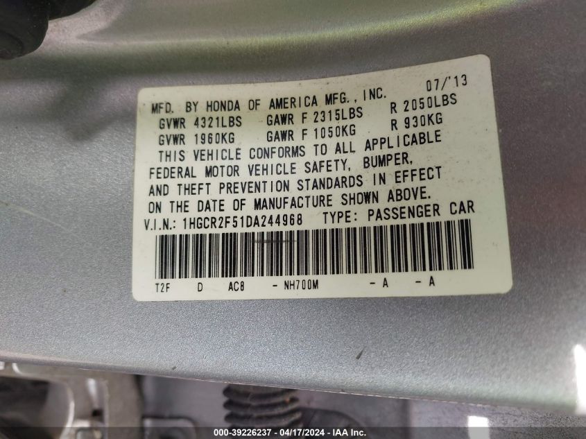 1HGCR2F51DA244968 | 2013 HONDA ACCORD