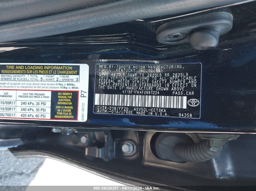 2015 Toyota Camry Se VIN: 4T1BF1FK4FU881224 Lot: 39226257