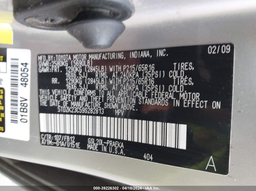 2009 Toyota Sienna Ce VIN: 5TDZK23C59S282813 Lot: 39226302