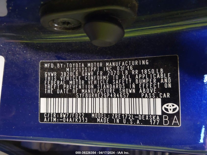 2016 TOYOTA COROLLA S PLUS - 5YFBURHE2GP484657