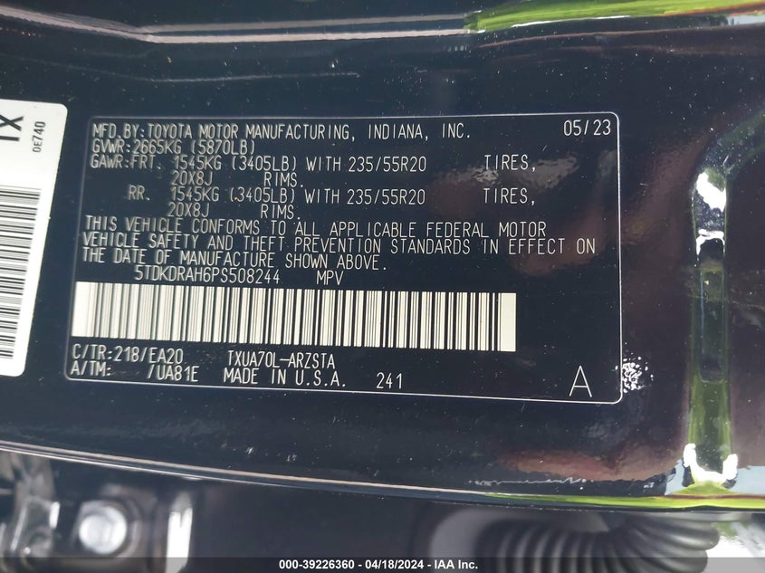 2023 TOYOTA HIGHLANDER VIN: 5TDKDRAH6PS508244
