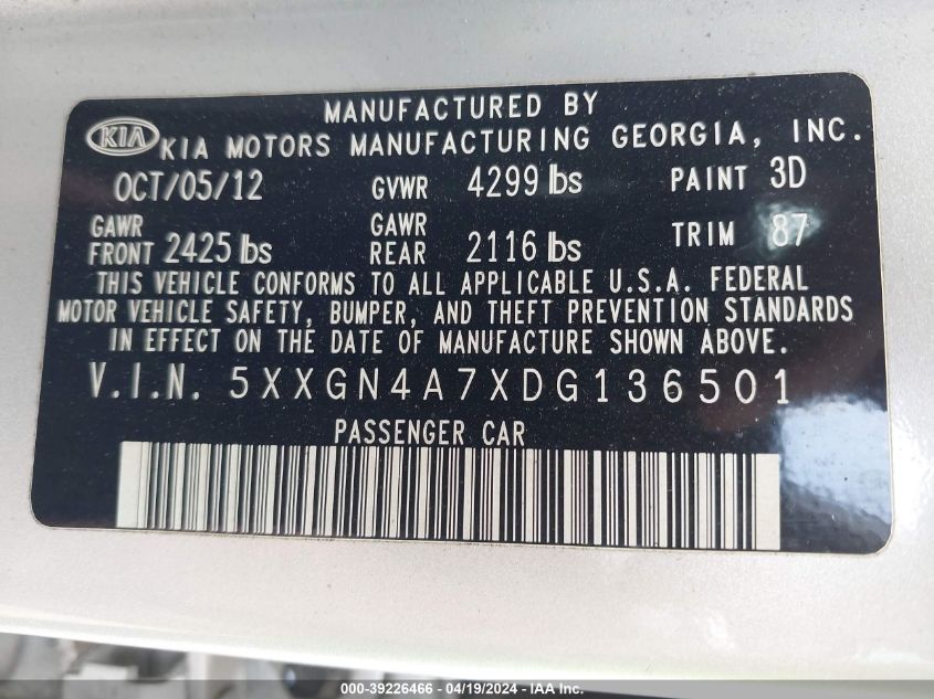 2013 Kia Optima Ex VIN: 5XXGN4A7XDG136501 Lot: 39226466