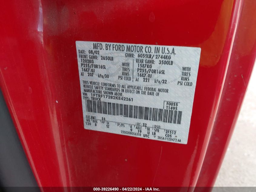 2002 Ford F-150 Xl/Xlt VIN: 1FTRF17282KE42261 Lot: 39226490