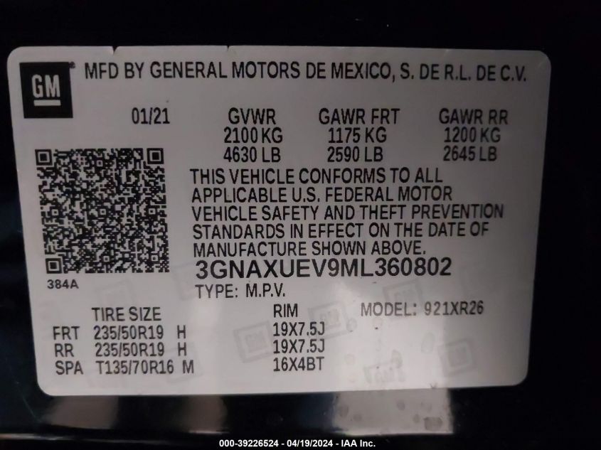 2021 Chevrolet Equinox Awd Lt VIN: 3GNAXUEV9ML360802 Lot: 50881684