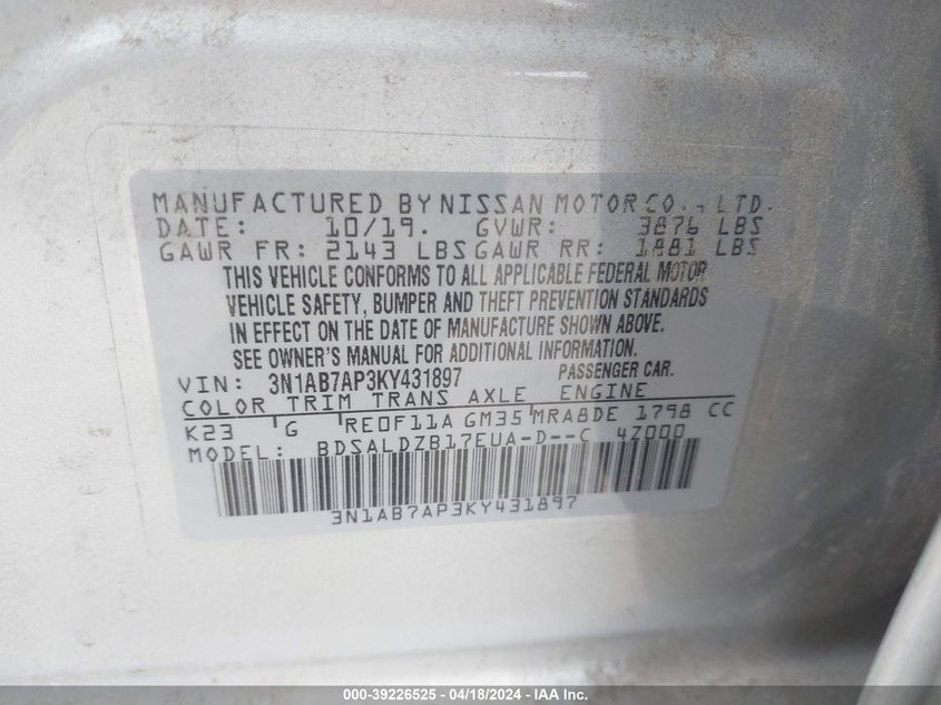 VIN 3N1AB7AP3KY431897 2019 NISSAN SENTRA S/SV/SR/SL