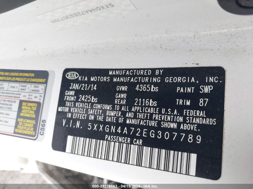 2014 Kia Optima Ex VIN: 5XXGN4A72EG307789 Lot: 39226563